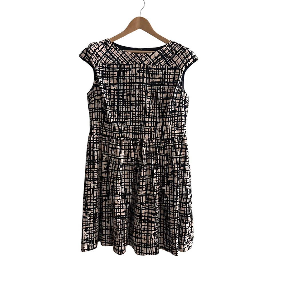 Jaeger Womens Pink Black Abstract Grid Fit & Flare Cap Sleeve Dress Size 18